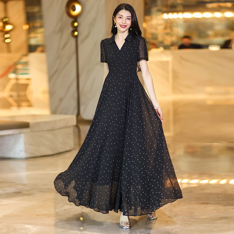 长裙波点黑色长款夏季修身显瘦透气连衣裙收腰礼服时尚赫本风女装