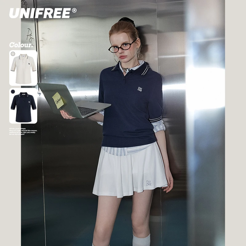 【25年夏】韩版复古polo领短袖T恤宽松学院风简约百搭上衣