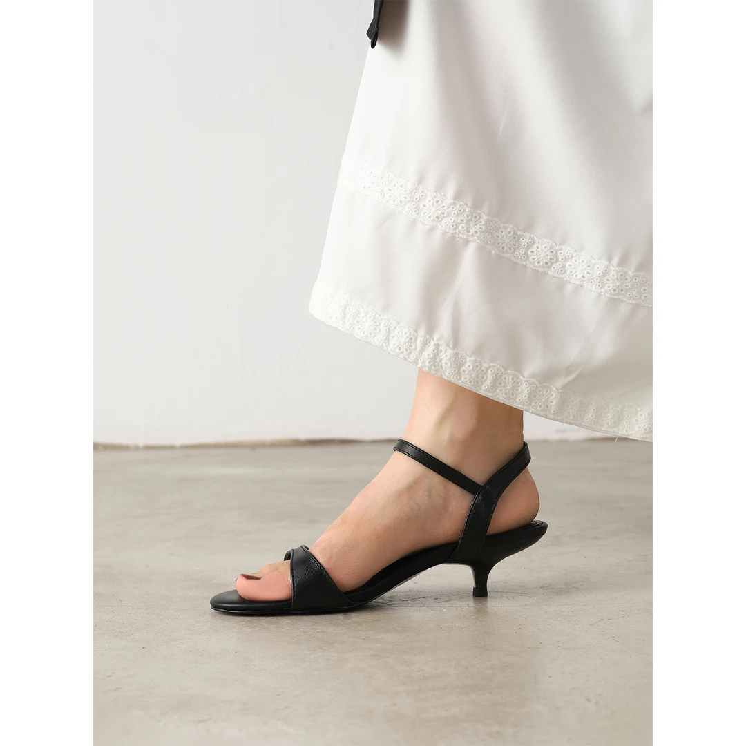 MENEER-M 2025新款法式女细跟露趾羊皮猫跟一字带气质高跟鞋凉鞋