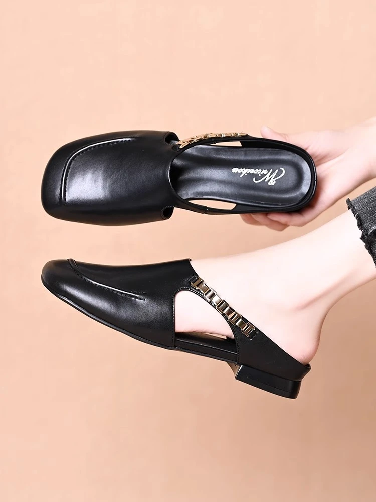 百搭方头半拖鞋女外穿2025新款夏季包头懒人平底一脚蹬博肯凉拖鞋