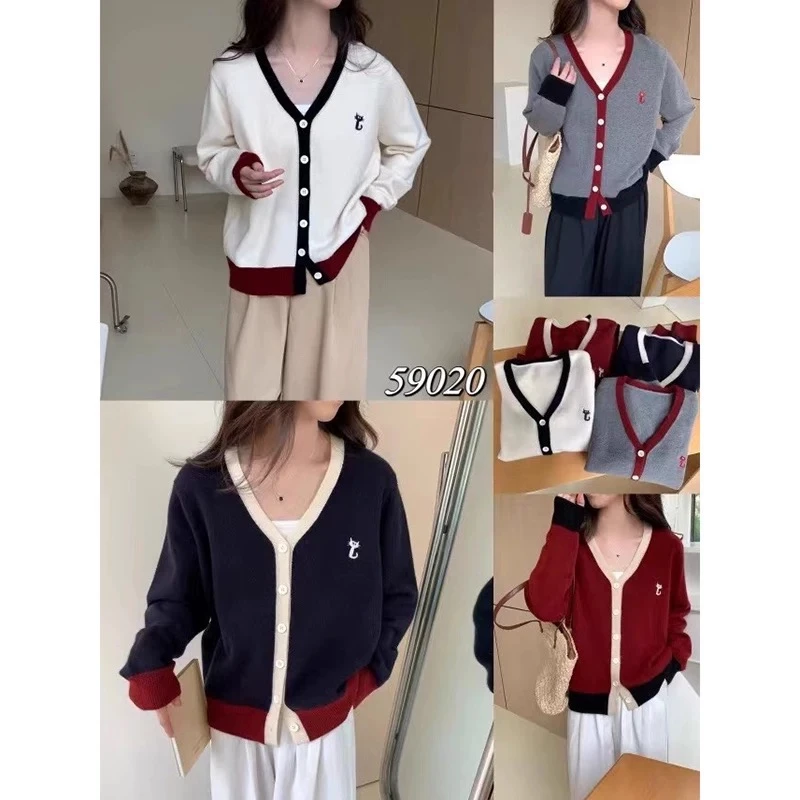 女装撞色猫咪开衫针织毛衣上衣开衫时尚百搭