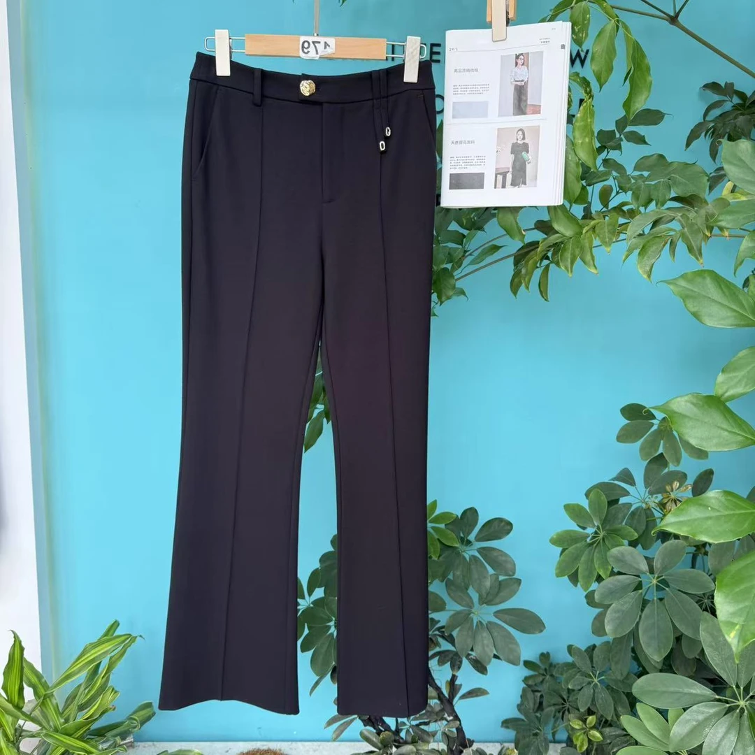 茜舞休闲裤女2025黑色显瘦弹力微喇裤【735307】