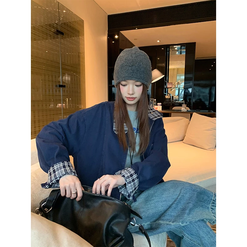 ED.lumoder大耳朵 宝蓝色外套女美式学院秋季格纹翻领夹克D5O2086