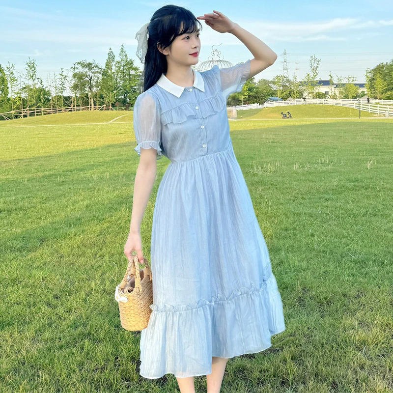 初中生夏季连衣裙学院风甜美少女高中学生大童过膝公主长裙清新