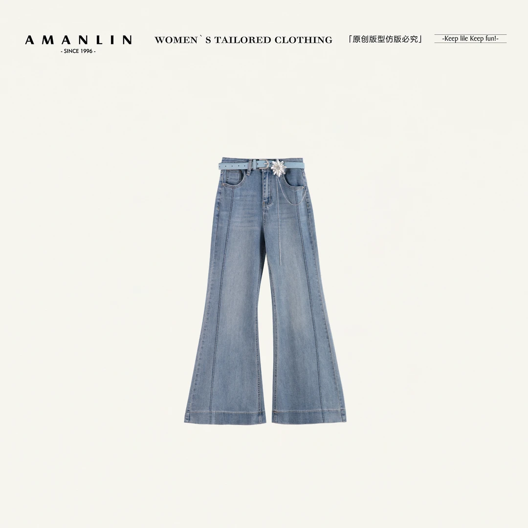 AMANLIN/阿谩琳气质时尚欧若风蓝色高腰直筒显瘦牛仔裤Y596101