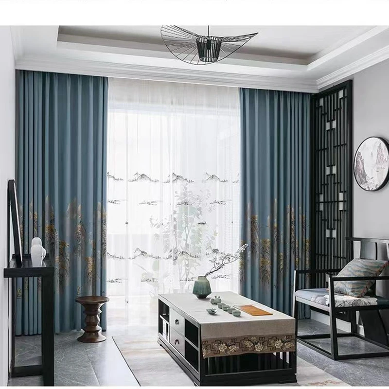 新中式山水画棉麻缇花窗帘成品卧室客厅遮光隔热防晒高档大气定制