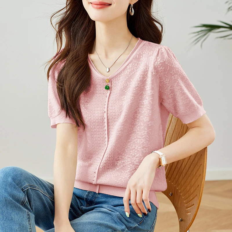 棉茧 提花针织衫女2025夏季新款短袖气通勤休闲圆领冰丝薄款透气