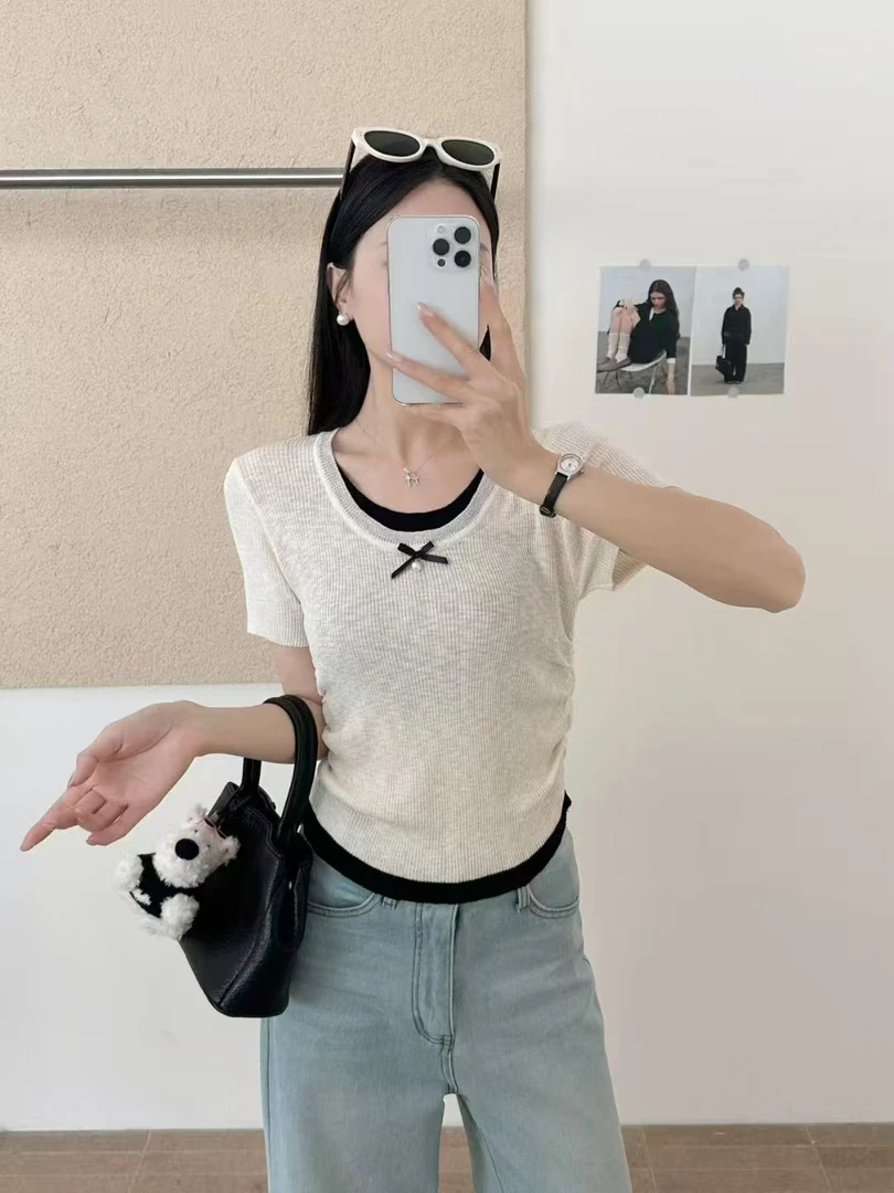 [亚米欣欣]小众不撞款百搭白色假两件掐腰设计感夏季短袖t恤408