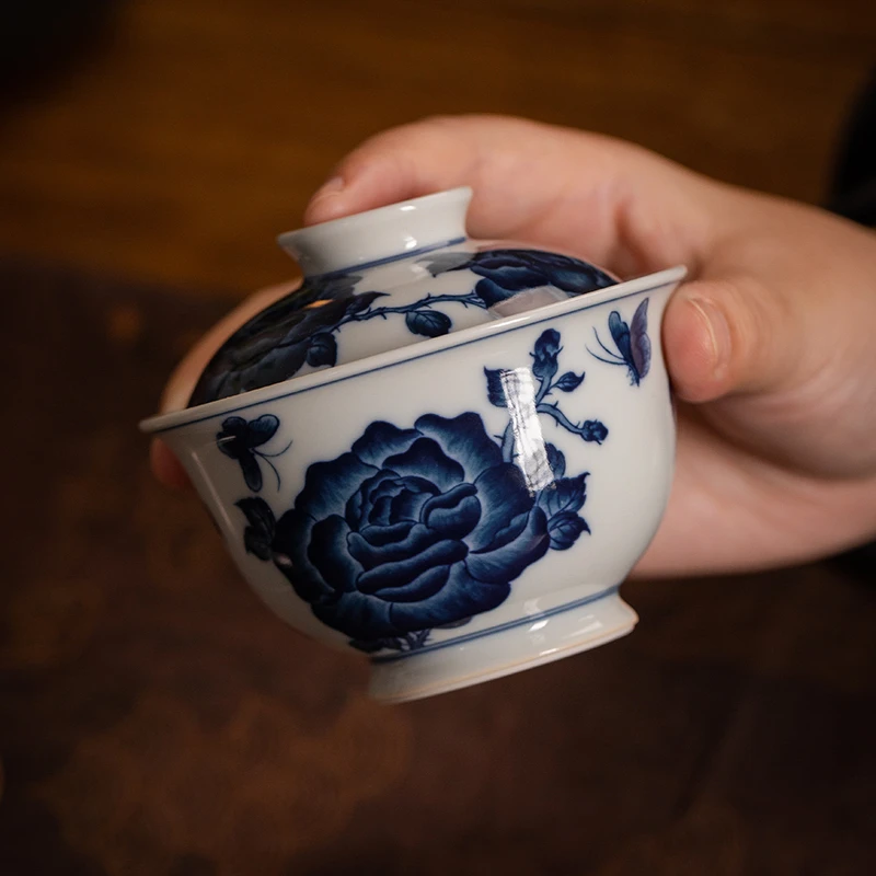 【记石柴窑】玫瑰花卉盖碗 景德镇纯手工手绘茶器茶具