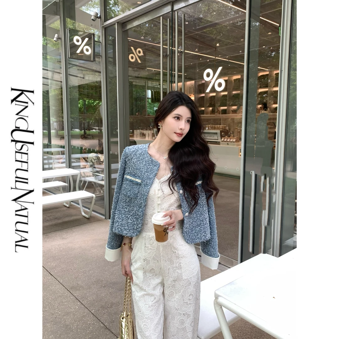 KUN【流苏小香】撞色时髦 立体短流苏混纺箱型短款蓝白色系小香外套