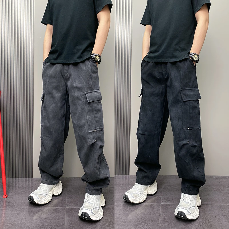 冬季男士加绒复古工装裤宽松直筒潮牌高街多口袋美式厚款休闲长裤