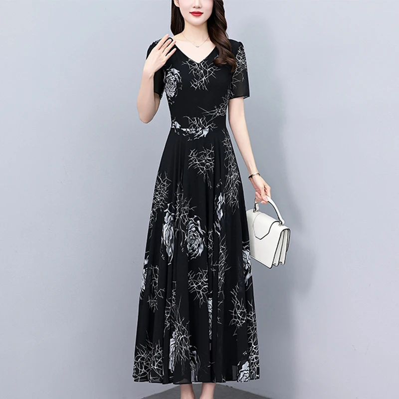 品牌雪纺连衣裙子2025新款女装夏季洋气中年妈妈夏装气质显瘦长裙