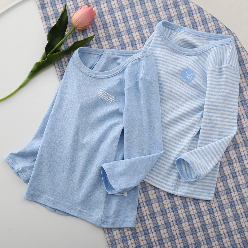2件装薄款长袖T恤男童纯棉无荧光儿童宝宝打底衫全棉睡衣吸汗透气