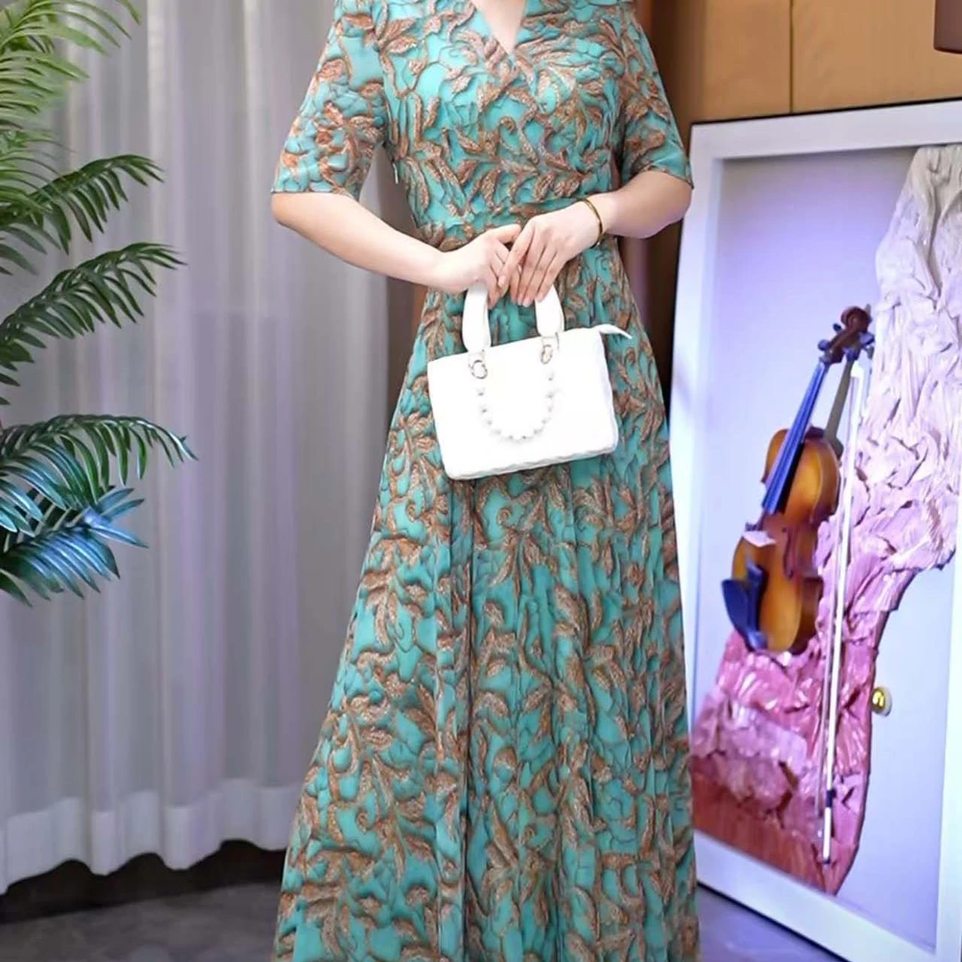 香衣丽华28-381夏新款五分袖长款过膝大摆连衣裙修身显瘦气质长裙