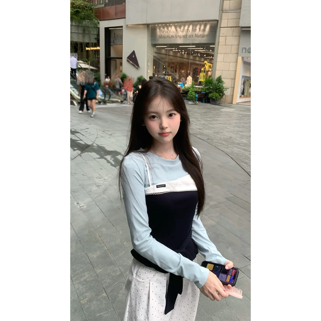 20255夏秋时尚假两件上衣防晒薄拼接长袖T恤波点宽松休闲阔腿裤女