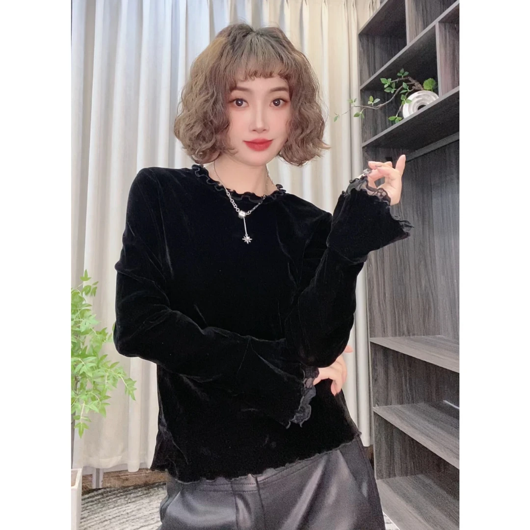 木耳边法式丝绒修身显瘦打底衫气质蕾丝花边袖上衣