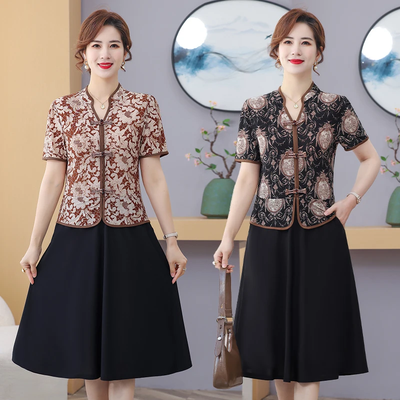 新款妈妈时尚拼接两件连衣裙中老年2025显瘦夏季短袖裙子气质