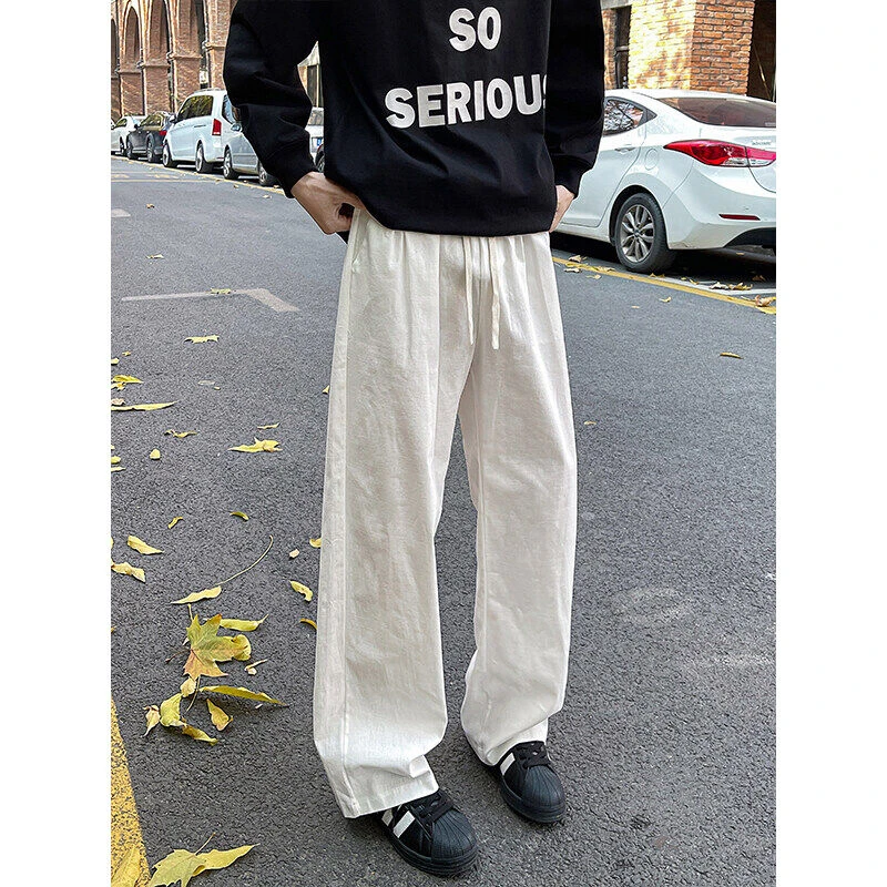 老钱风白色舒适阔腿休闲裤男士夏季薄款裤子宽松慵懒风直筒长裤男