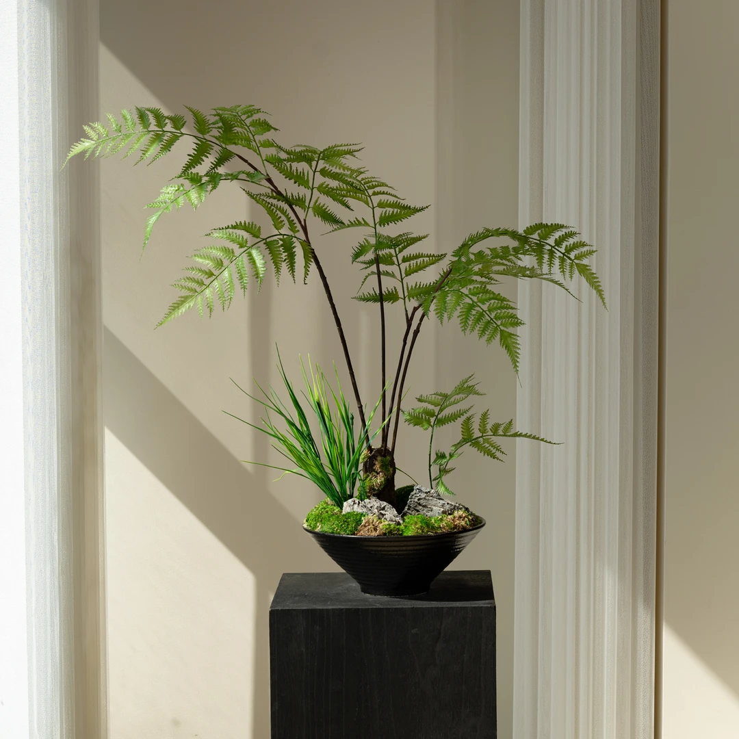 海虹景品凤尾蕨仿真绿植盆景新中式茶室装饰猴头禅意玄关摆件小型