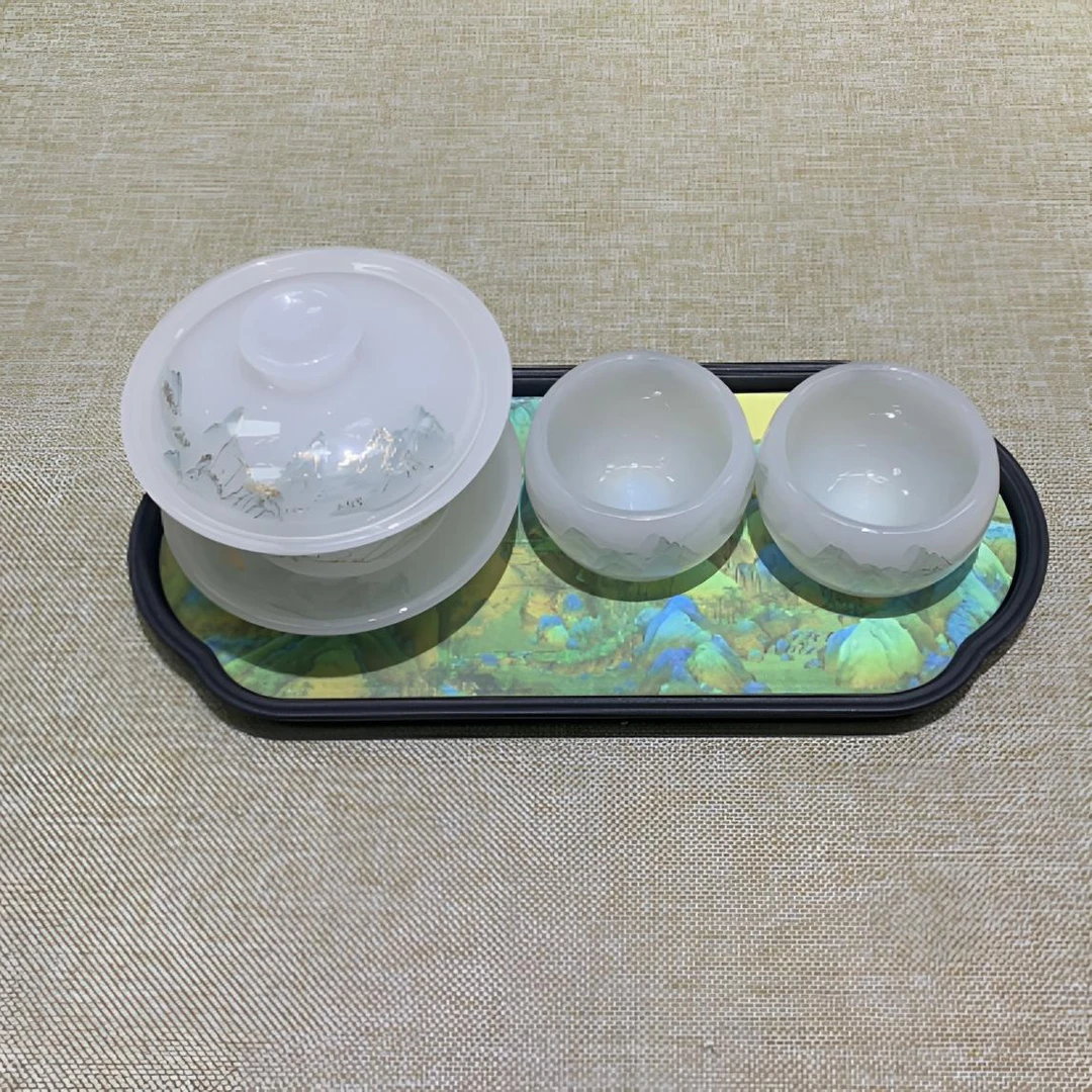 千里江山琉璃三才盖碗茶杯干泡台茶具套装家用耐热172