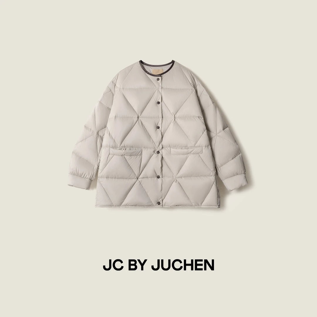 “温暖小奶包”菱形泡芙鹅绒服无领中长保暖羽绒外套 FW114026-185