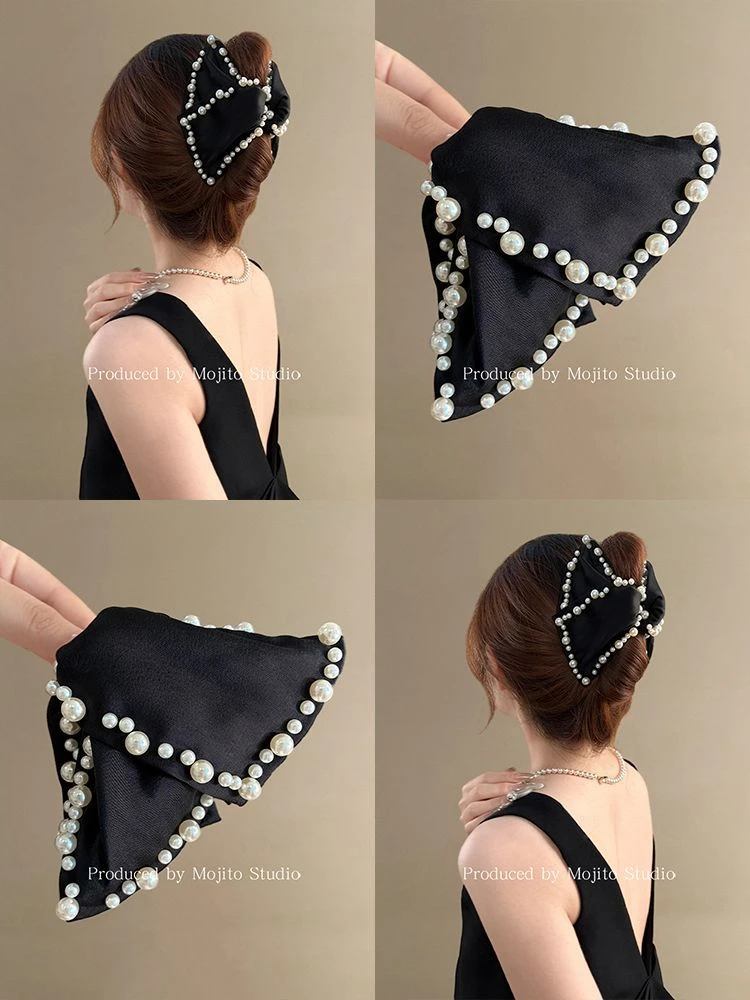 缎面珍珠发夹女秋冬发夹洋气三角抓夹后脑勺大号盘发鲨鱼夹子赫本