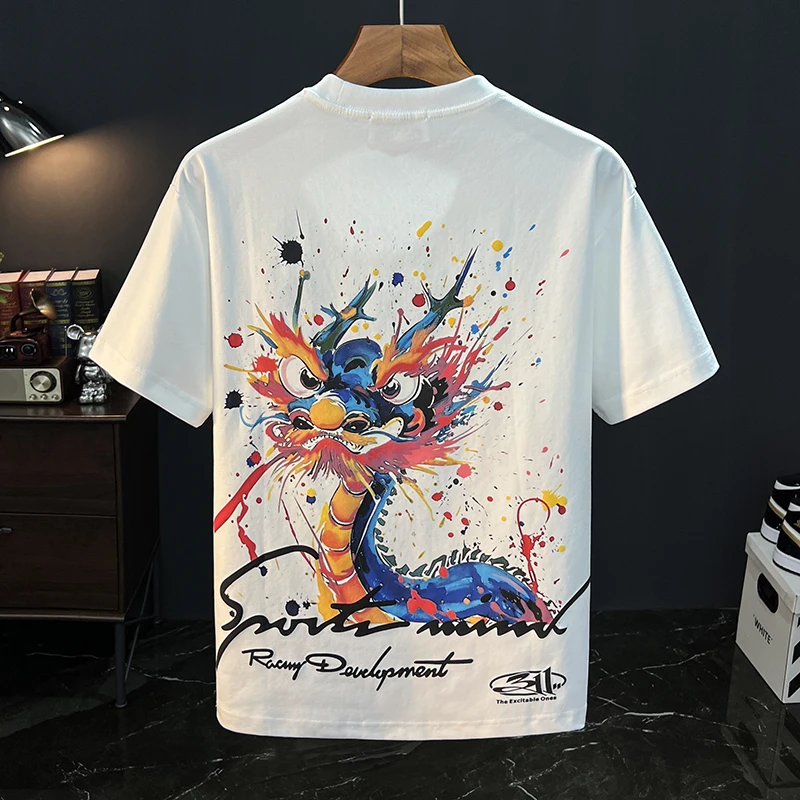 国潮刺绣龙头图案涂鸦夏季短袖t恤男士新款宽松休闲圆领半袖衫t