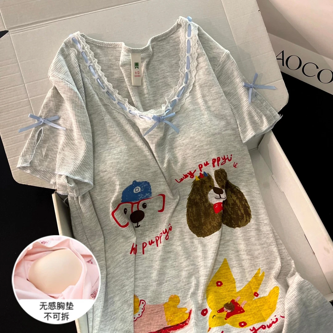 2025新款睡裙女夏季可外穿睡衣短袖凉感大码带胸垫卡通夏天家居服