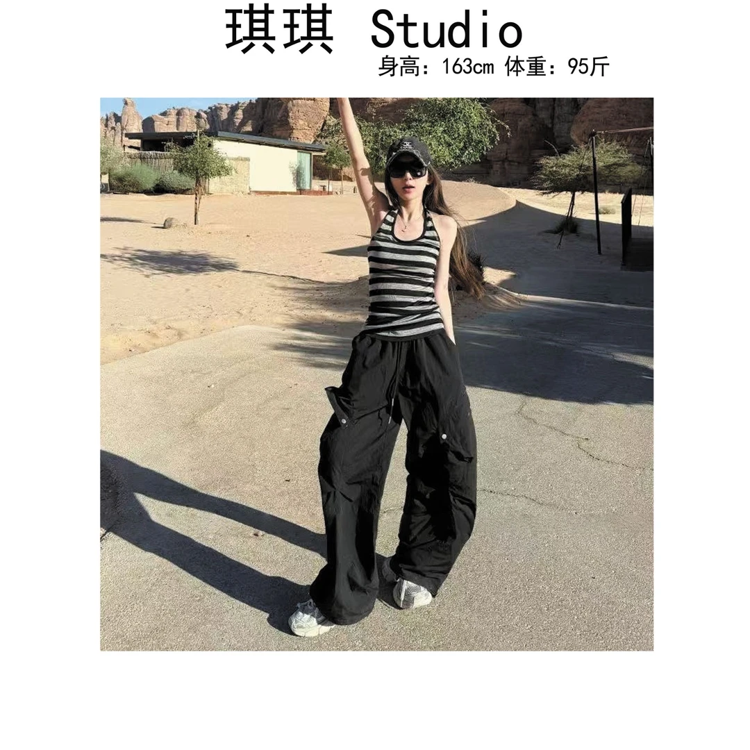 《琪琪家》夏季新款潮流气质时尚抽绳钉扣百搭休闲工装裤2820-X