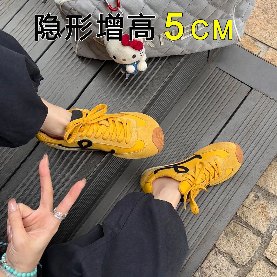 牛皮复古丑萌大头德训鞋女内增高5CM2025新款户外运动休闲阿甘鞋