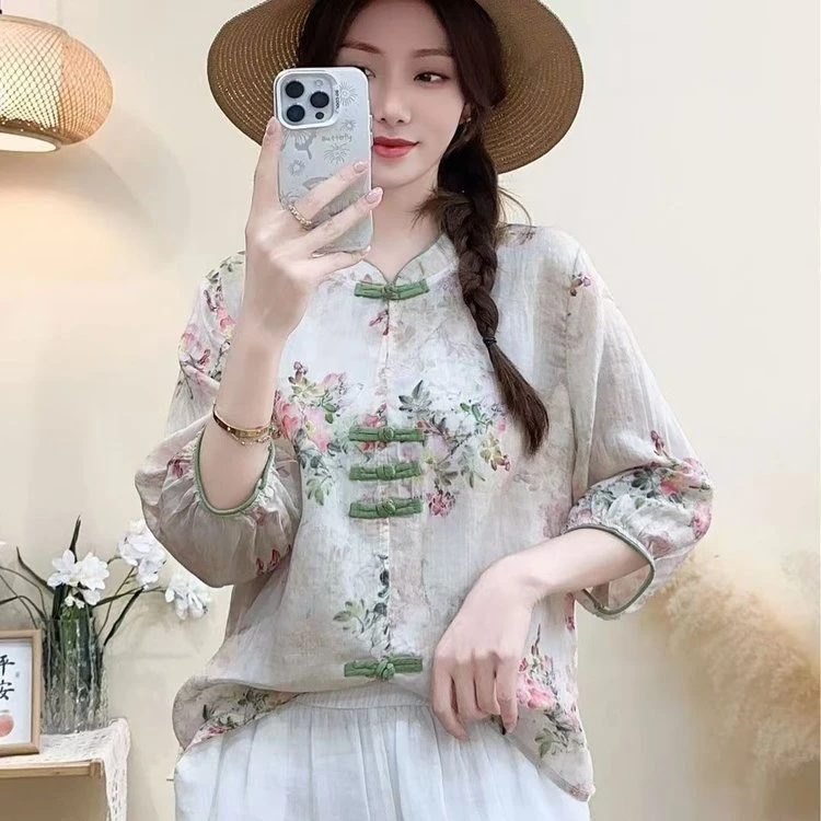 新中式复古小衫新中式文艺上衣夏季时尚盘扣印花民族风圆领七分袖