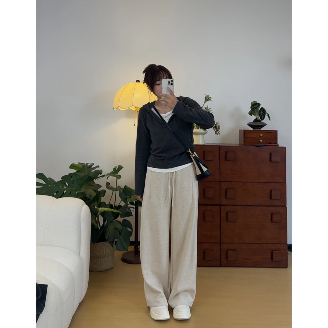 XIWU喜雾 【椰奶绒】松紧腰百搭抽绳窄版遮肉休闲裤显瘦直筒裤女