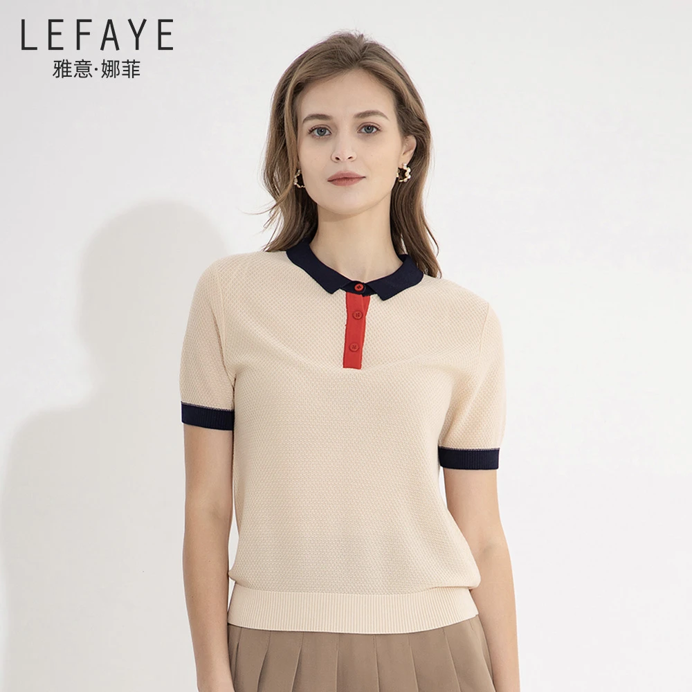 雅意娜菲2025年春夏新款polo领撞色针织衫天丝运动风显瘦薄款短袖