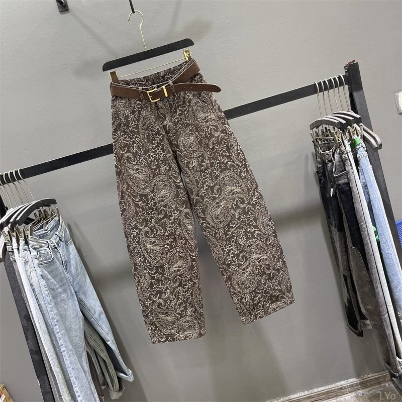 豹纹复古牛仔弯刀小众2025秋季新款宽松显瘦大码阔腿裤时尚直筒裤