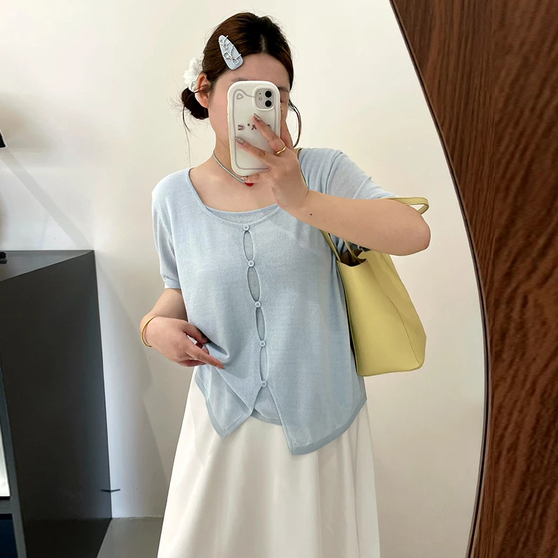 《大胖倩》大码女装设计感假两件上衣2025夏胖mm气质宽松针织短袖女