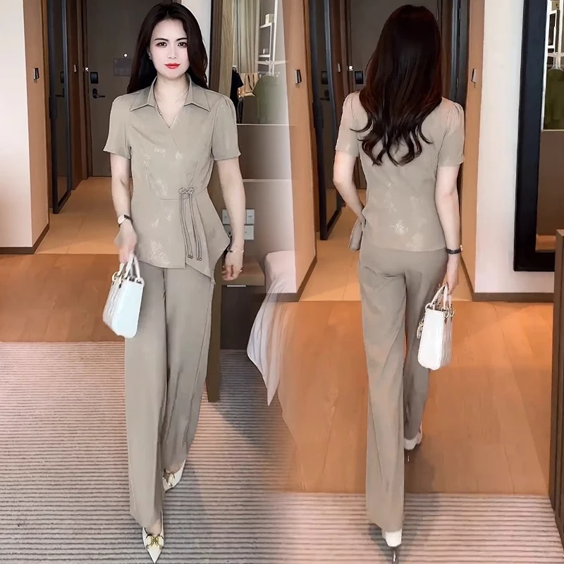 新中式时尚套装女2025夏季新款洋气显瘦国风短袖阔腿裤气质两件套
