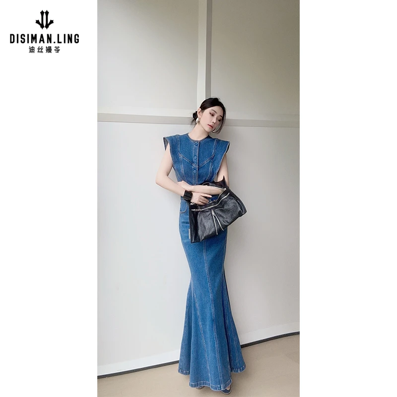 迪丝嫚苓蓝色牛仔连衣裙气质时尚复古夏季中长款修身原创优雅小众