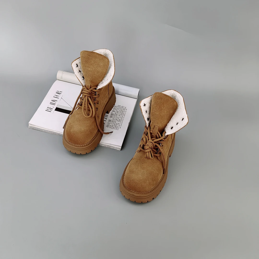 2024年冬新款厚底加绒加厚圆头系带休闲保暖百搭女短靴子2024-10