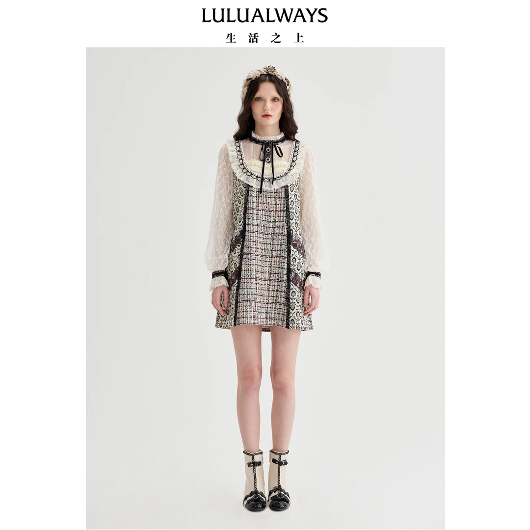 LULUALWAYS【商场同款】25春季新款法式浪漫圆领拼接蕾丝连衣裙女