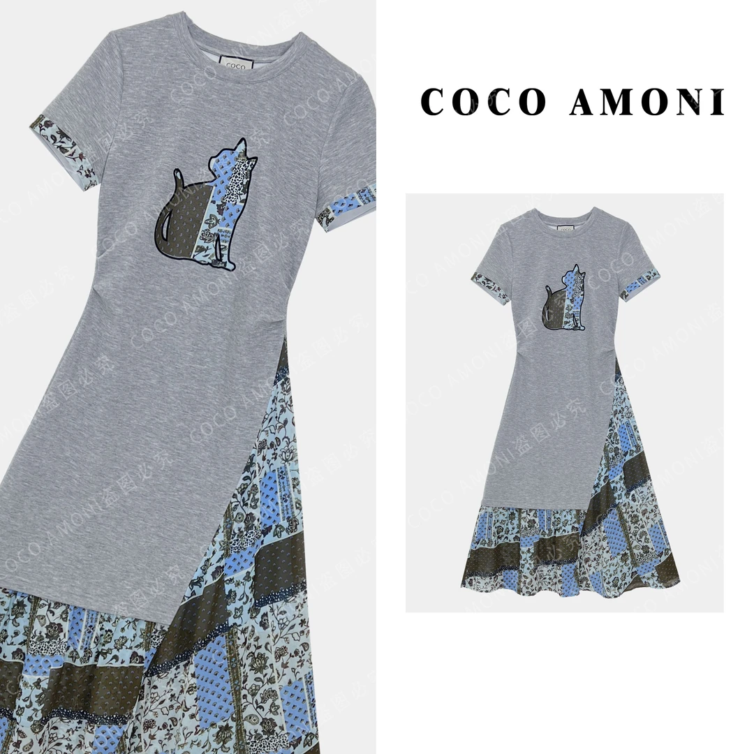 [LL]时尚设计师高端原创夏日女装拼接褶皱收腰气质连衣裙AC672