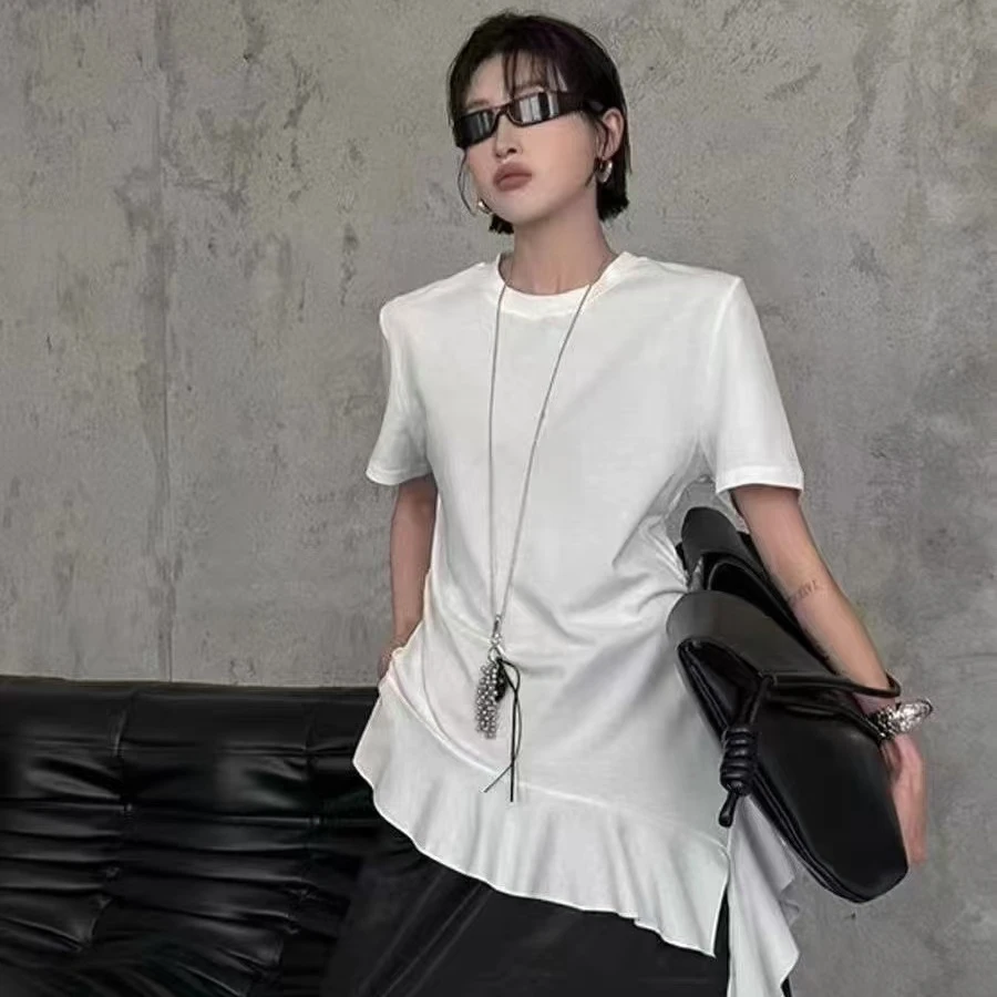 新款时尚设计师款不规则收腰显瘦高弹力半袖