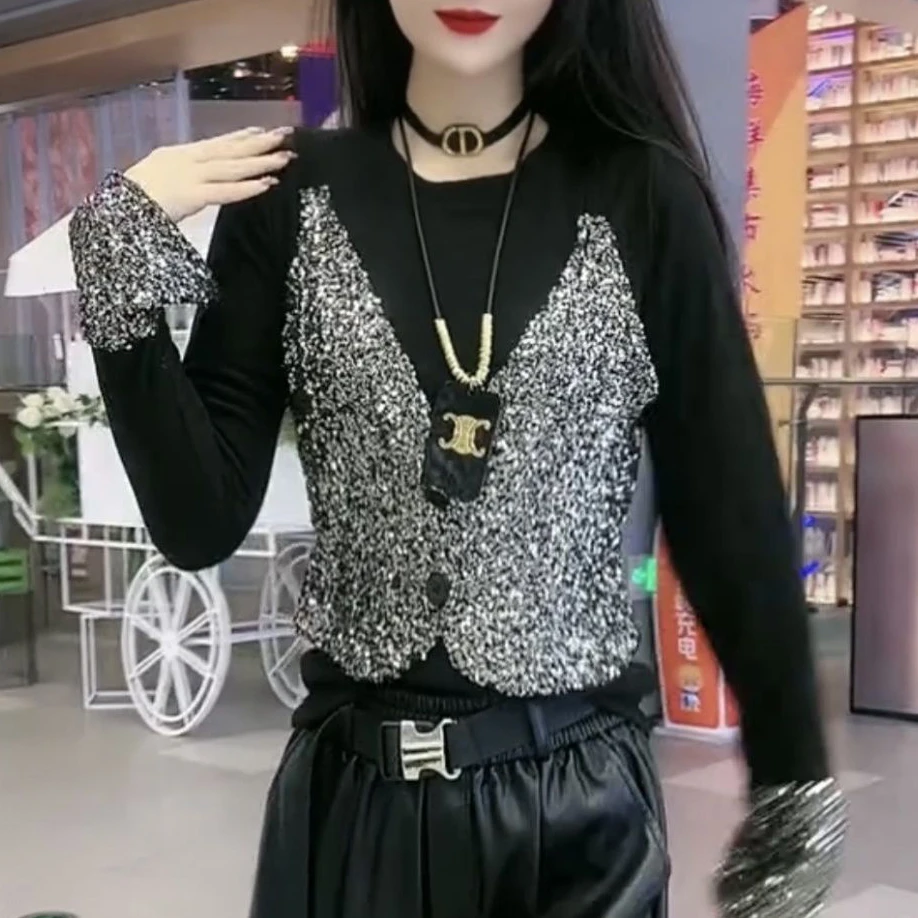 2025春秋新款德绒假两件打底衫女设计感亮片时尚长袖气质显瘦上衣
