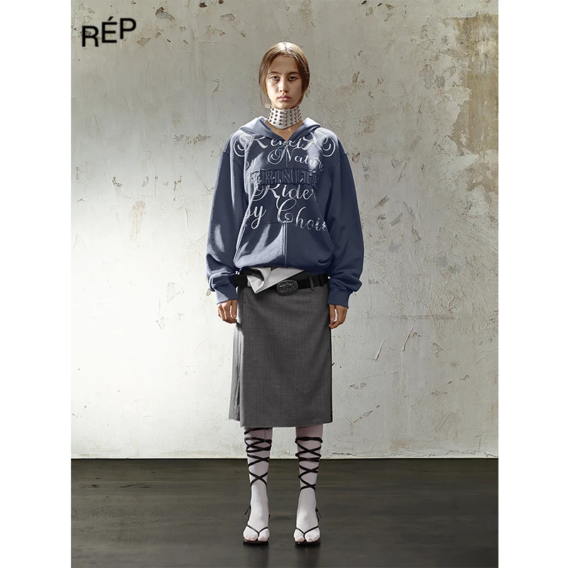 REP-TRINITE设计师品牌做旧牛仔蓝刺绣印花装饰宽松连帽卫衣 25FW