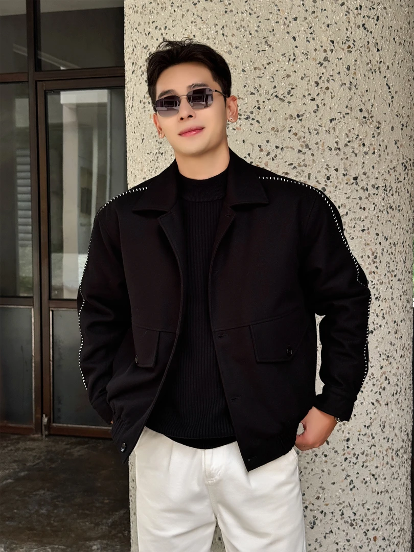 简约慵懒「明辑线羊毛混纺」秋冬毛呢质感复古夹棉保暖翻领夹克外套