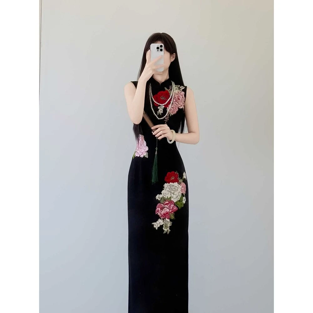 【9821】新中式改良国风刺绣复古黑色夏季显瘦修身百搭气质旗袍长裙