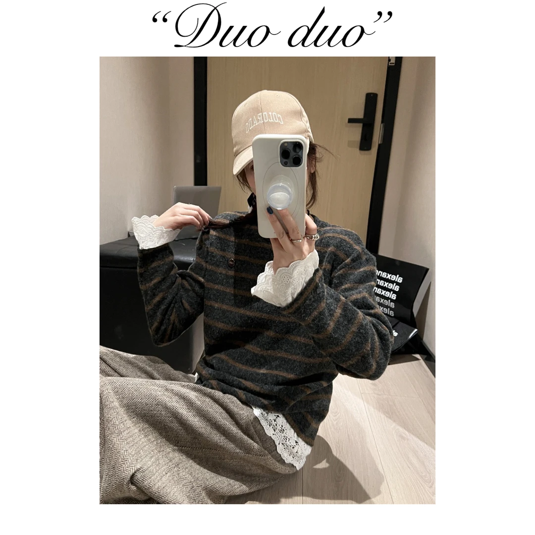 软糯蕾丝 - 韩国单E*g甜美条纹百搭经典圆领休闲宽松显瘦秋冬卫衣