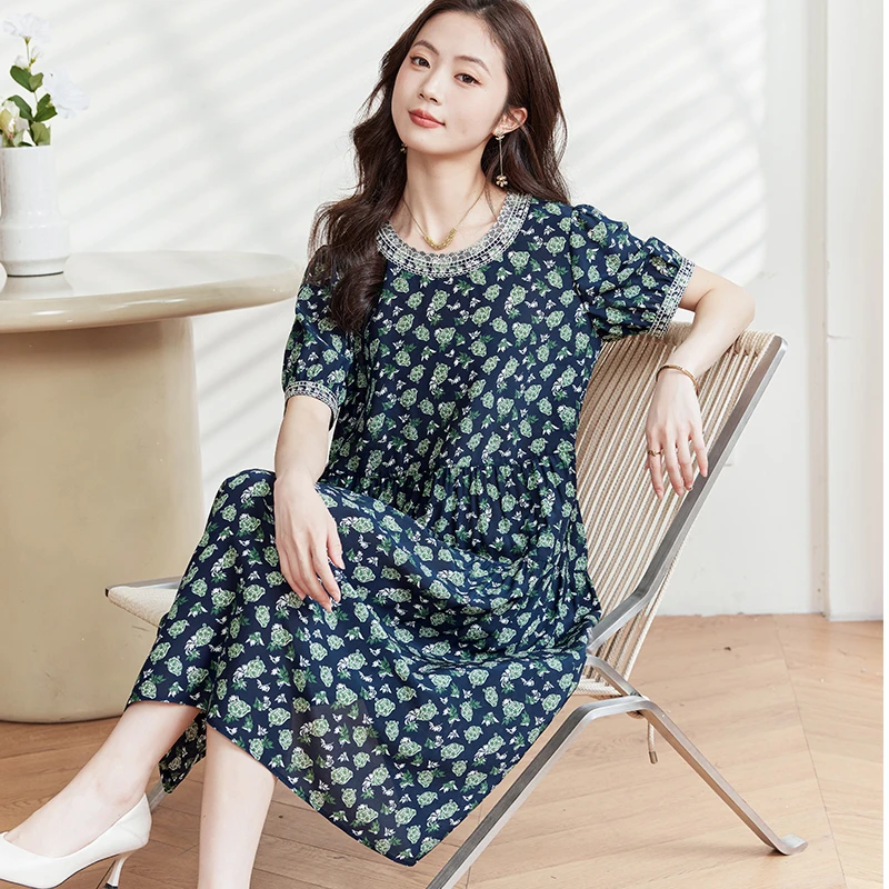 【敏洋纯专属】Q5119气质碎花桑蚕丝裙子女洋气连衣裙夏衣长111