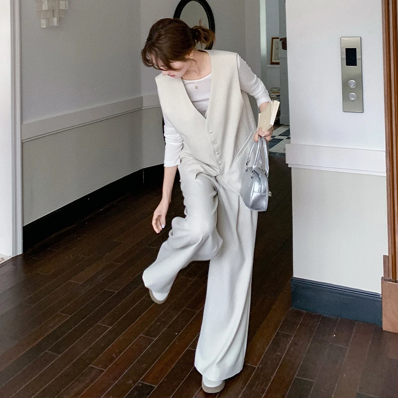 米白色经典高级感西装马甲阔腿裤套装女2025春新款简约气质两件套