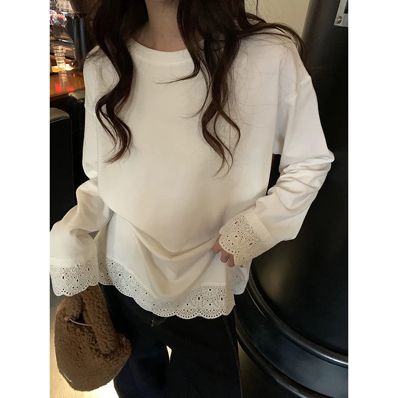 Julychee 棉质蕾丝花边小白tee长袖T恤