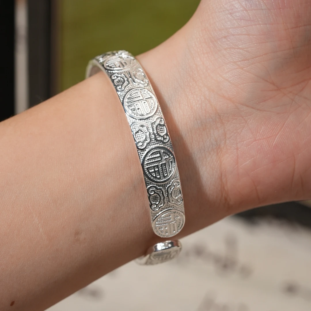 铜合金手镯 福字心经镀银手镯百福开口手镯实心送中老年礼物